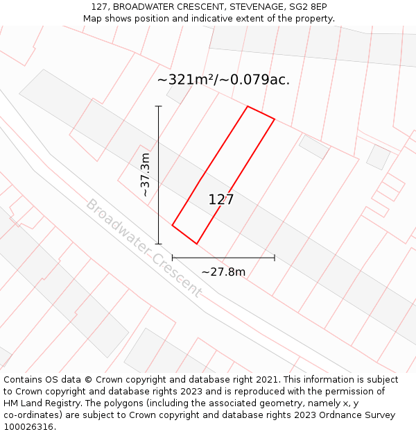 127, BROADWATER CRESCENT, STEVENAGE, SG2 8EP: Plot and title map