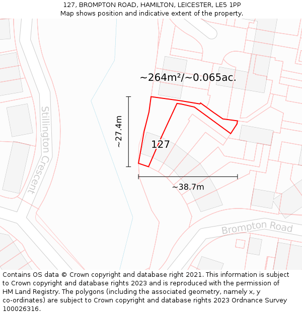 127, BROMPTON ROAD, HAMILTON, LEICESTER, LE5 1PP: Plot and title map
