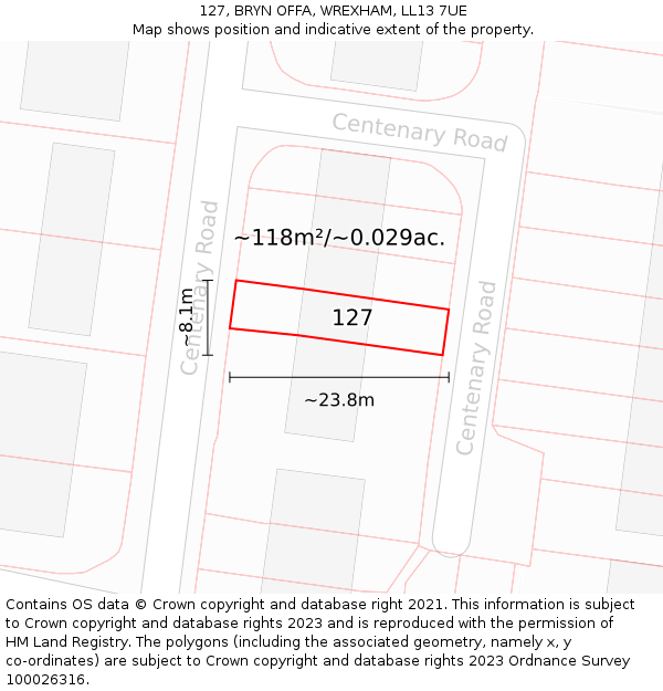 127, BRYN OFFA, WREXHAM, LL13 7UE: Plot and title map