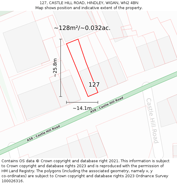 127, CASTLE HILL ROAD, HINDLEY, WIGAN, WN2 4BN: Plot and title map