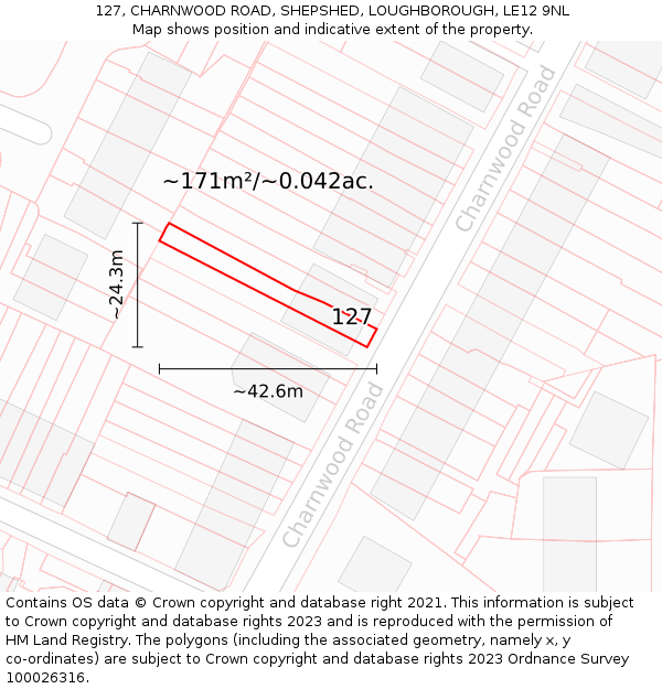 127, CHARNWOOD ROAD, SHEPSHED, LOUGHBOROUGH, LE12 9NL: Plot and title map
