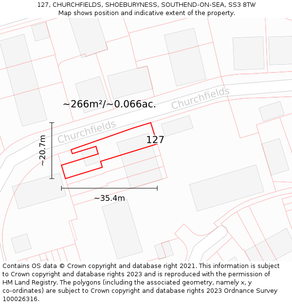 127, CHURCHFIELDS, SHOEBURYNESS, SOUTHEND-ON-SEA, SS3 8TW: Plot and title map