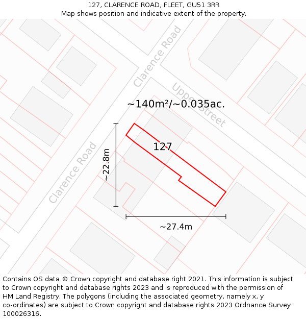 127, CLARENCE ROAD, FLEET, GU51 3RR: Plot and title map