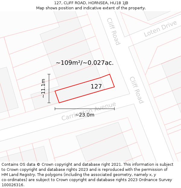 127, CLIFF ROAD, HORNSEA, HU18 1JB: Plot and title map