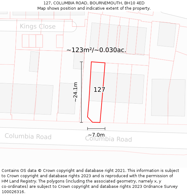 127, COLUMBIA ROAD, BOURNEMOUTH, BH10 4ED: Plot and title map