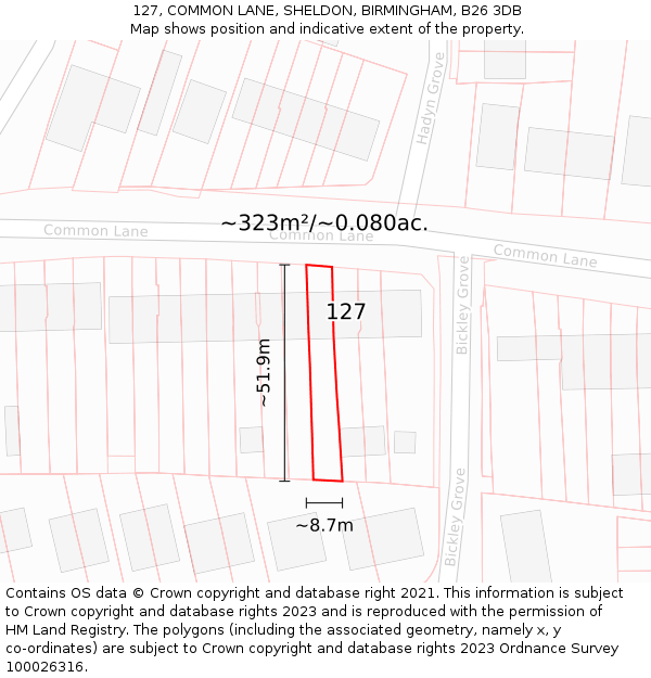 127, COMMON LANE, SHELDON, BIRMINGHAM, B26 3DB: Plot and title map