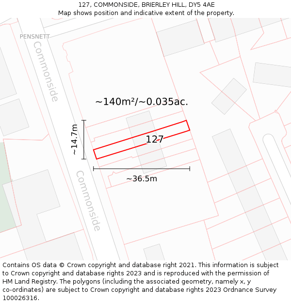 127, COMMONSIDE, BRIERLEY HILL, DY5 4AE: Plot and title map