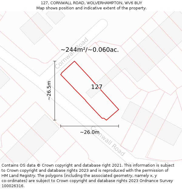 127, CORNWALL ROAD, WOLVERHAMPTON, WV6 8UY: Plot and title map