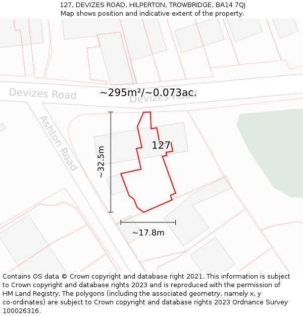 127, DEVIZES ROAD, HILPERTON, TROWBRIDGE, BA14 7QJ: Plot and title map