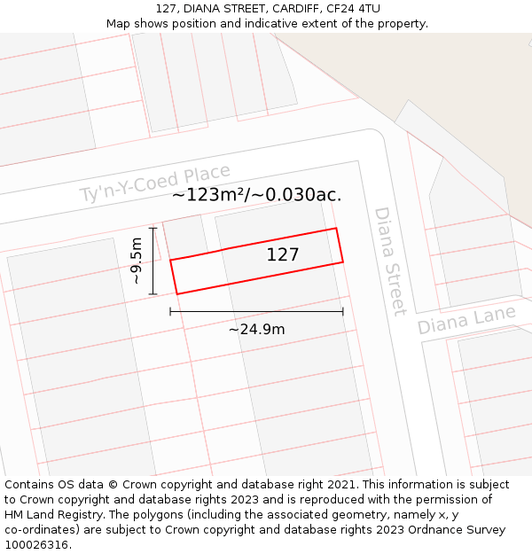 127, DIANA STREET, CARDIFF, CF24 4TU: Plot and title map