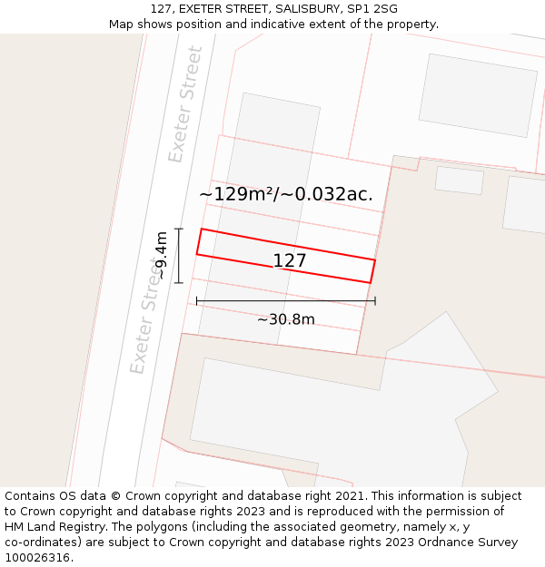 127, EXETER STREET, SALISBURY, SP1 2SG: Plot and title map