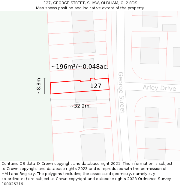 127, GEORGE STREET, SHAW, OLDHAM, OL2 8DS: Plot and title map