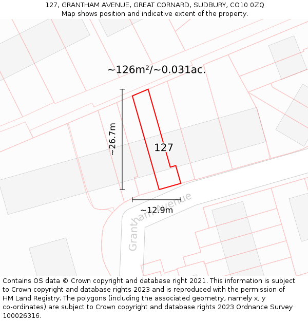 127, GRANTHAM AVENUE, GREAT CORNARD, SUDBURY, CO10 0ZQ: Plot and title map