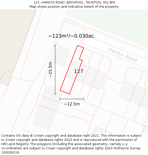 127, HARDYS ROAD, BATHPOOL, TAUNTON, TA2 8FA: Plot and title map