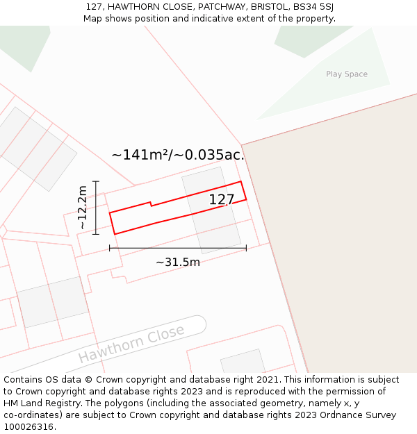 127, HAWTHORN CLOSE, PATCHWAY, BRISTOL, BS34 5SJ: Plot and title map