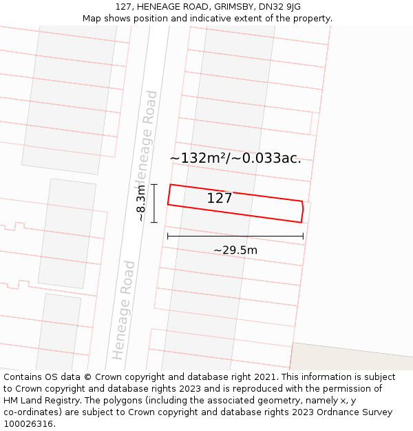 127, HENEAGE ROAD, GRIMSBY, DN32 9JG: Plot and title map