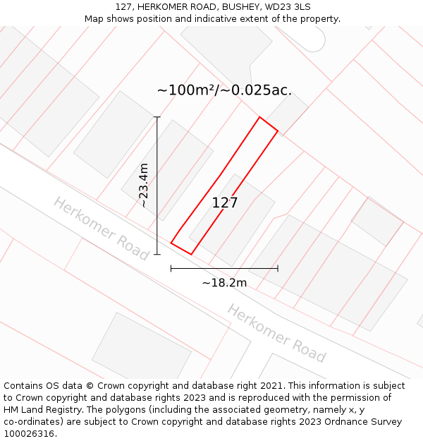 127, HERKOMER ROAD, BUSHEY, WD23 3LS: Plot and title map
