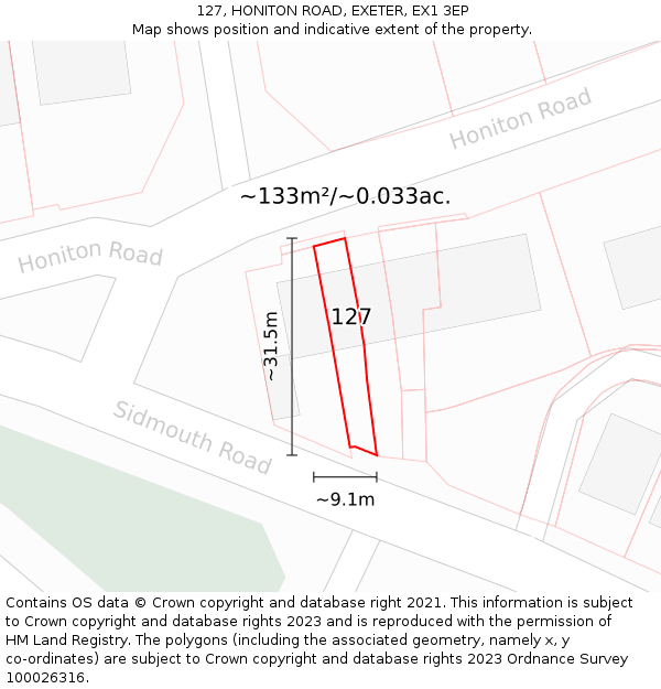 127, HONITON ROAD, EXETER, EX1 3EP: Plot and title map