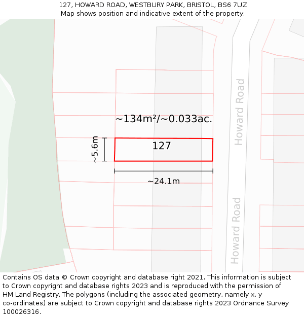 127, HOWARD ROAD, WESTBURY PARK, BRISTOL, BS6 7UZ: Plot and title map