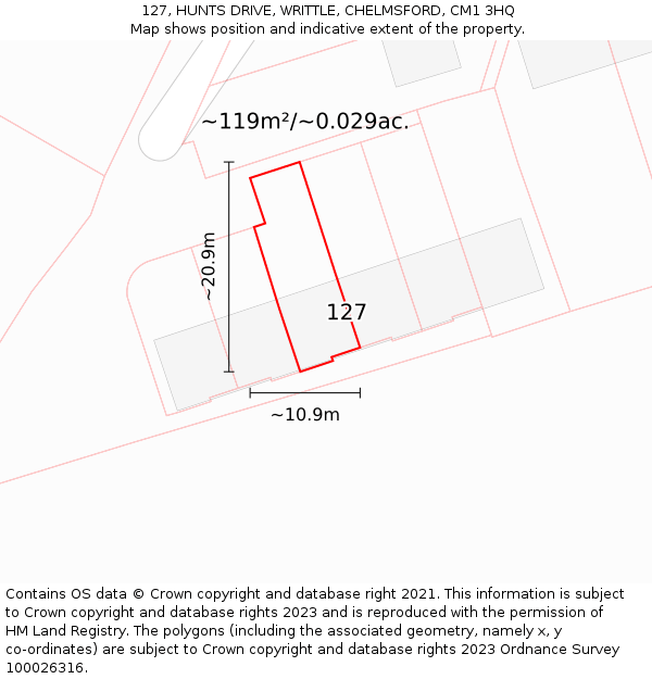 127, HUNTS DRIVE, WRITTLE, CHELMSFORD, CM1 3HQ: Plot and title map