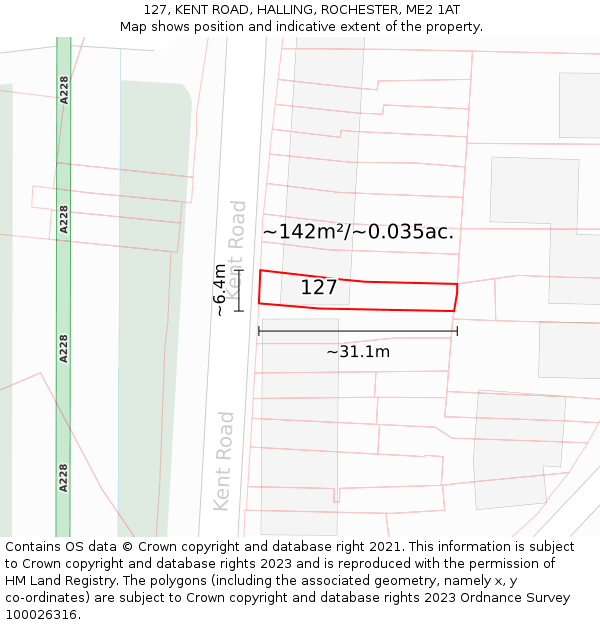 127, KENT ROAD, HALLING, ROCHESTER, ME2 1AT: Plot and title map