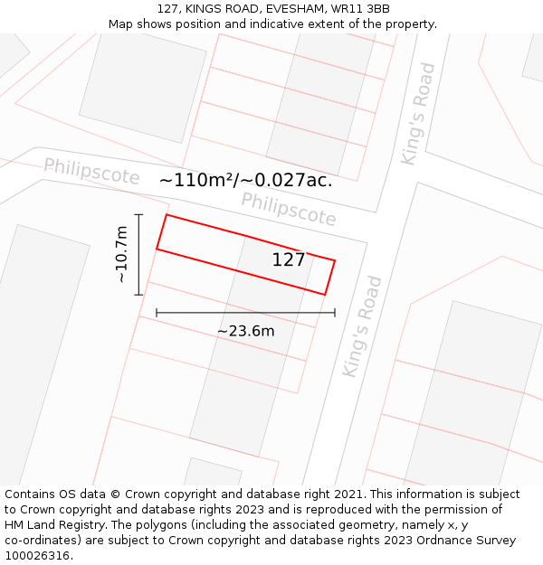 127, KINGS ROAD, EVESHAM, WR11 3BB: Plot and title map
