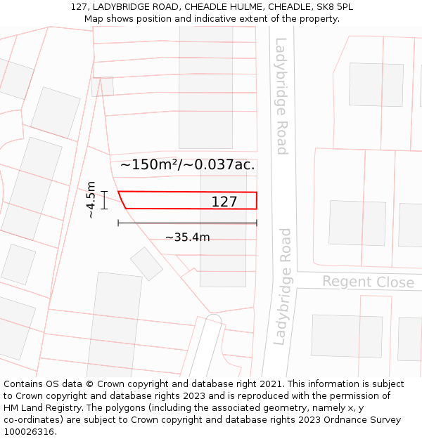 127, LADYBRIDGE ROAD, CHEADLE HULME, CHEADLE, SK8 5PL: Plot and title map