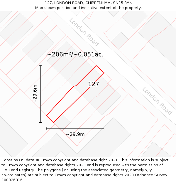 127, LONDON ROAD, CHIPPENHAM, SN15 3AN: Plot and title map