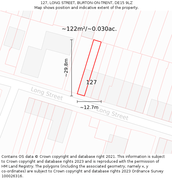 127, LONG STREET, BURTON-ON-TRENT, DE15 9LZ: Plot and title map