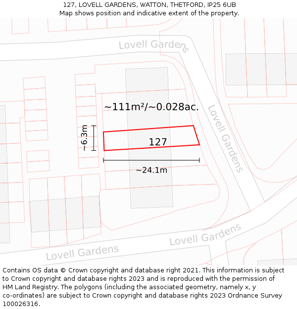 127, LOVELL GARDENS, WATTON, THETFORD, IP25 6UB: Plot and title map