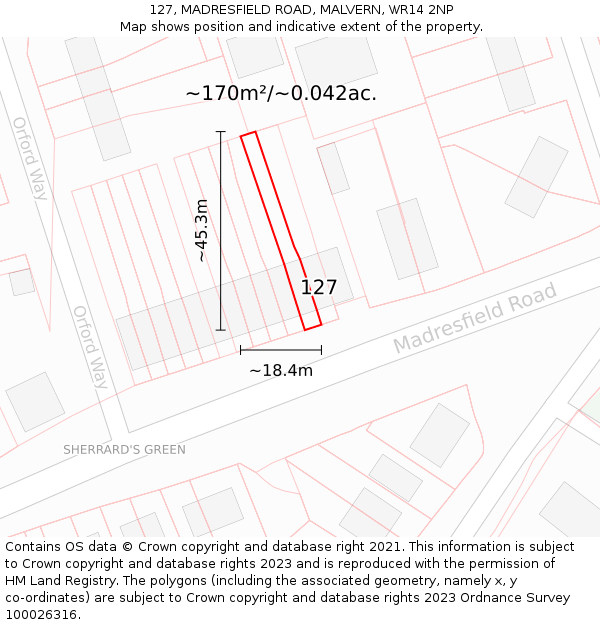 127, MADRESFIELD ROAD, MALVERN, WR14 2NP: Plot and title map