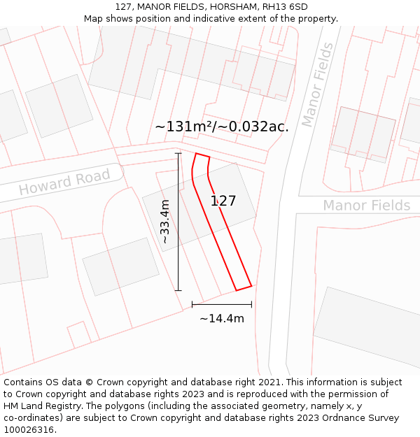 127, MANOR FIELDS, HORSHAM, RH13 6SD: Plot and title map