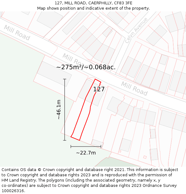 127, MILL ROAD, CAERPHILLY, CF83 3FE: Plot and title map
