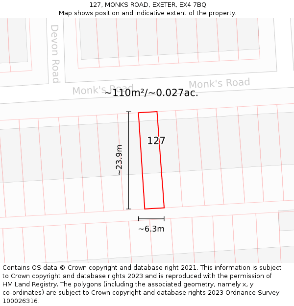 127, MONKS ROAD, EXETER, EX4 7BQ: Plot and title map