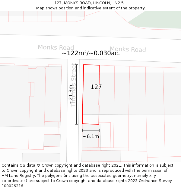 127, MONKS ROAD, LINCOLN, LN2 5JH: Plot and title map