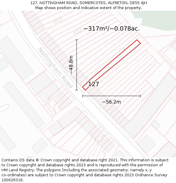 127, NOTTINGHAM ROAD, SOMERCOTES, ALFRETON, DE55 4JH: Plot and title map