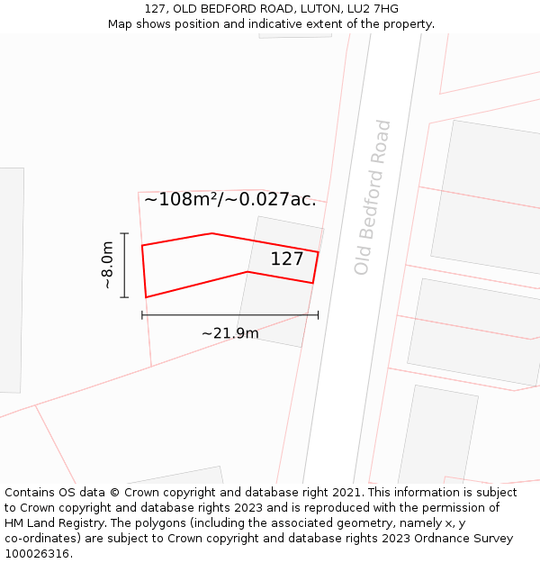 127, OLD BEDFORD ROAD, LUTON, LU2 7HG: Plot and title map
