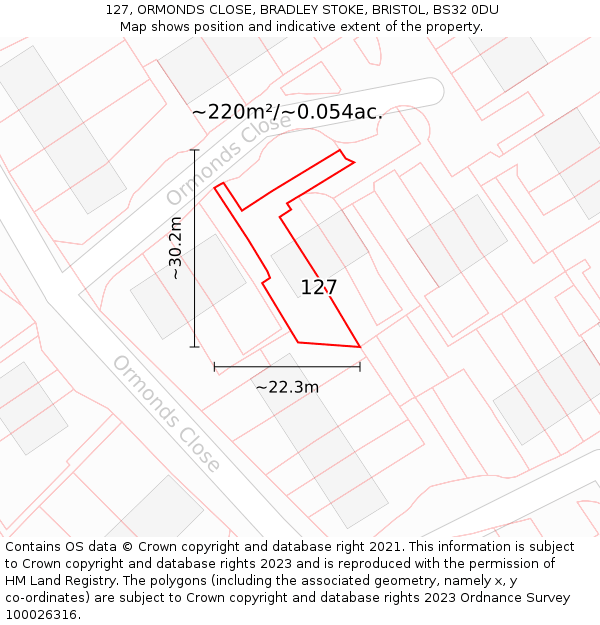 127, ORMONDS CLOSE, BRADLEY STOKE, BRISTOL, BS32 0DU: Plot and title map