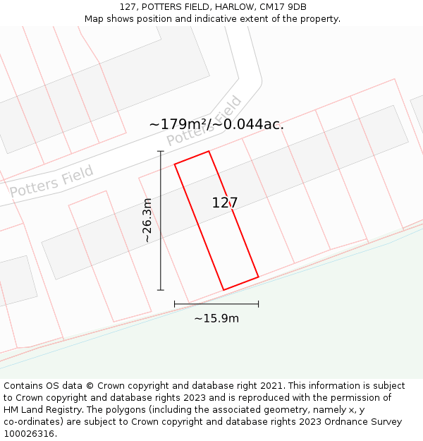 127, POTTERS FIELD, HARLOW, CM17 9DB: Plot and title map