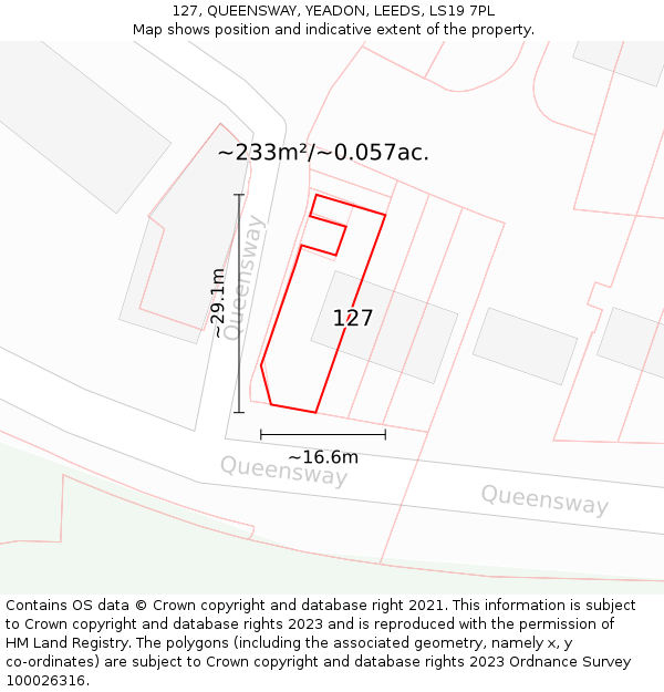 127, QUEENSWAY, YEADON, LEEDS, LS19 7PL: Plot and title map