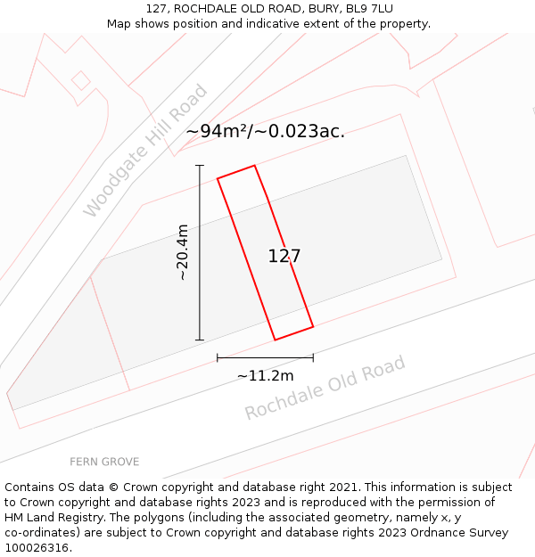 127, ROCHDALE OLD ROAD, BURY, BL9 7LU: Plot and title map