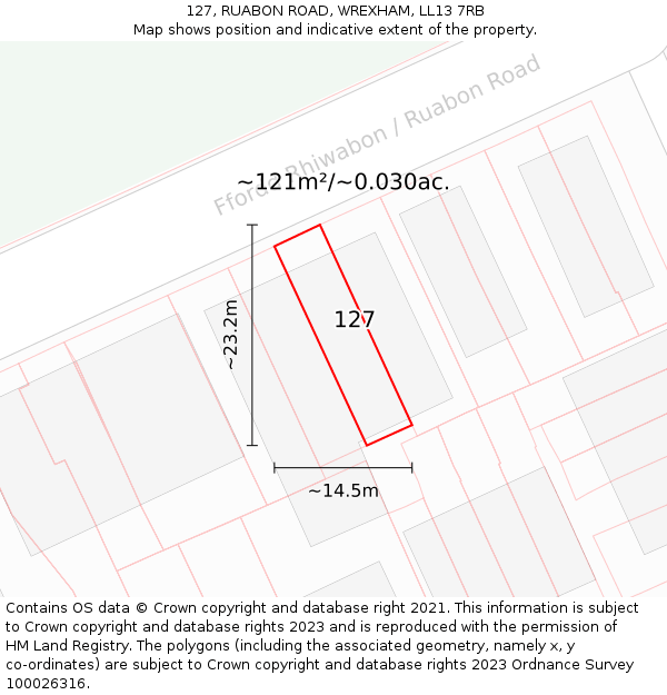 127, RUABON ROAD, WREXHAM, LL13 7RB: Plot and title map