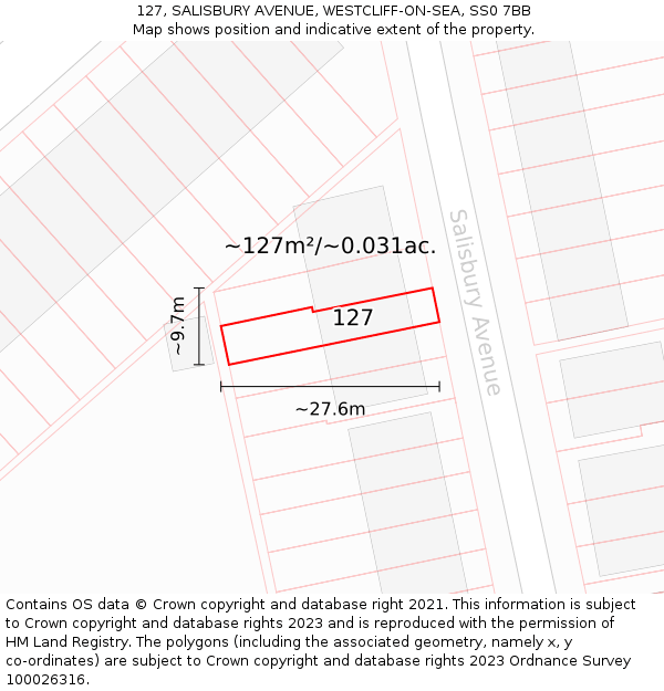 127, SALISBURY AVENUE, WESTCLIFF-ON-SEA, SS0 7BB: Plot and title map