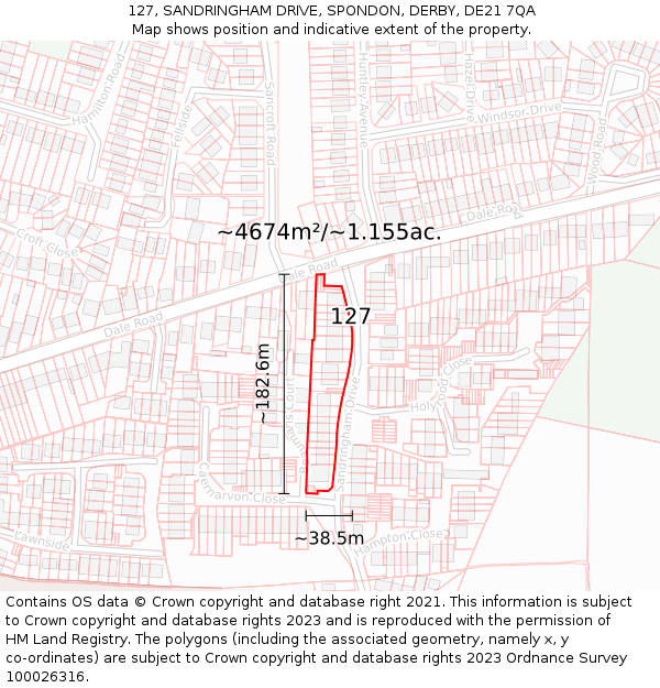 127, SANDRINGHAM DRIVE, SPONDON, DERBY, DE21 7QA: Plot and title map