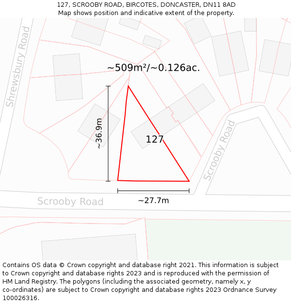 127, SCROOBY ROAD, BIRCOTES, DONCASTER, DN11 8AD: Plot and title map