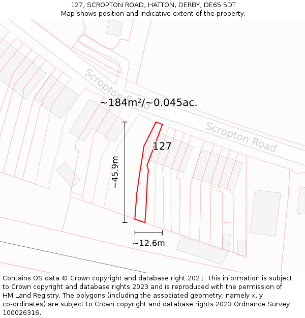 127, SCROPTON ROAD, HATTON, DERBY, DE65 5DT: Plot and title map