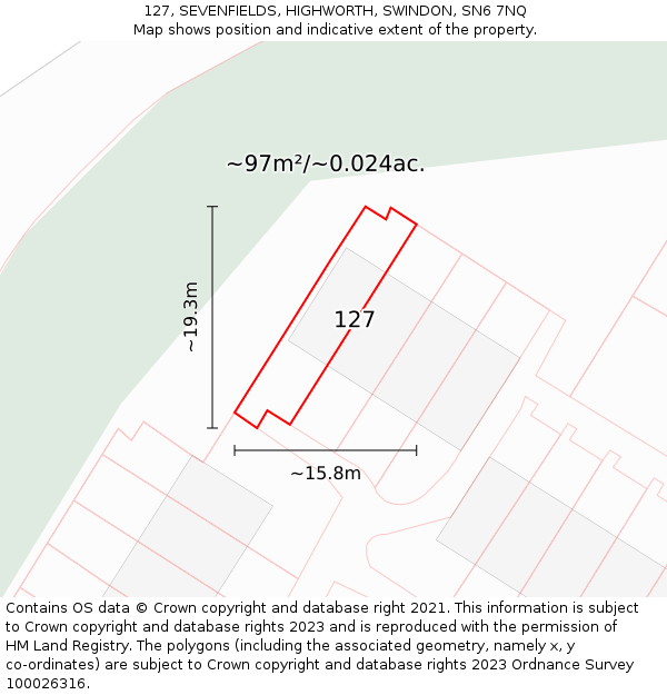 127, SEVENFIELDS, HIGHWORTH, SWINDON, SN6 7NQ: Plot and title map