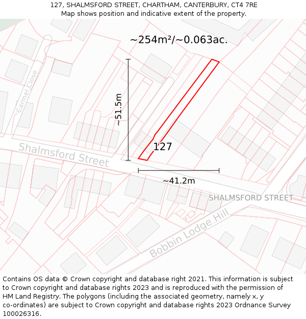 127, SHALMSFORD STREET, CHARTHAM, CANTERBURY, CT4 7RE: Plot and title map