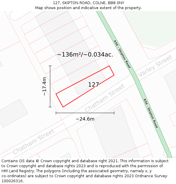 127, SKIPTON ROAD, COLNE, BB8 0NY: Plot and title map