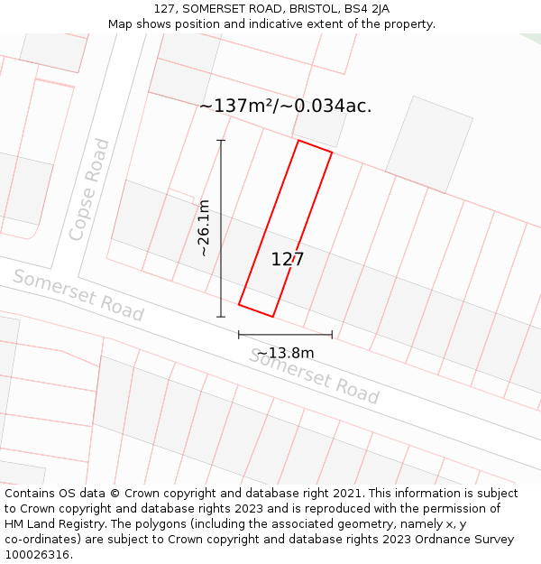 127, SOMERSET ROAD, BRISTOL, BS4 2JA: Plot and title map
